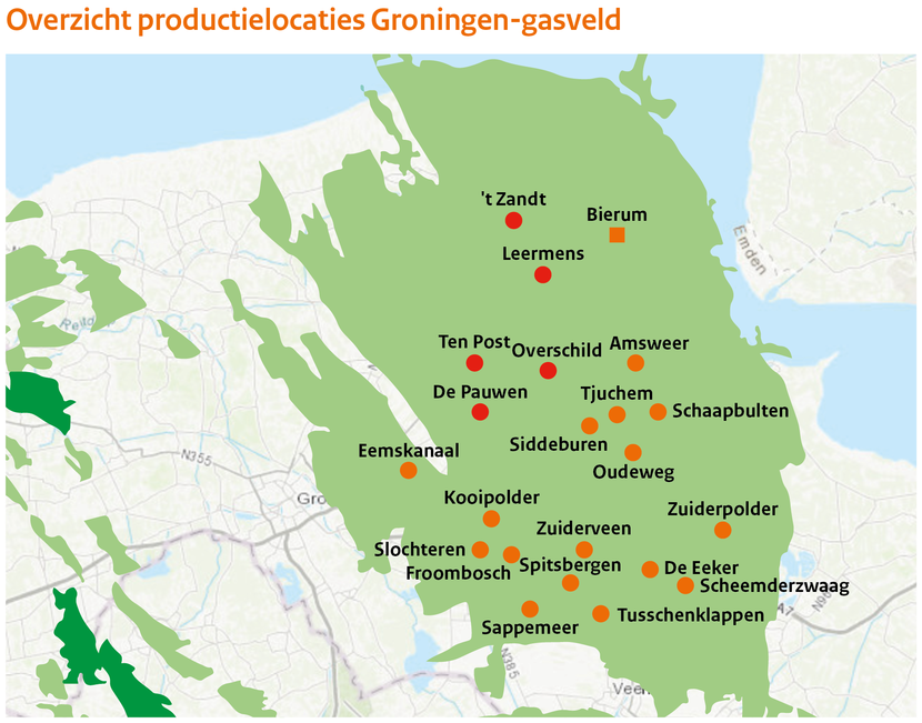 Afbeelding Overzicht productielocaties in het Groningen-gasveld (zie Figuur 4)